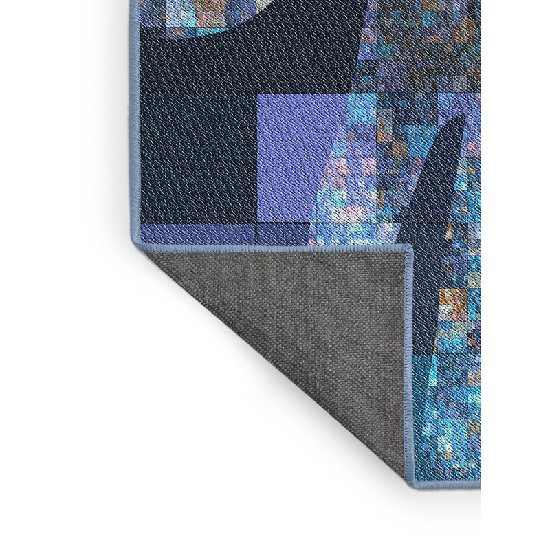 Tapis bleu marine / jaune en laine et polyester tissé à la machine Fontvieille, Rectangle 7 pi x 9 pi