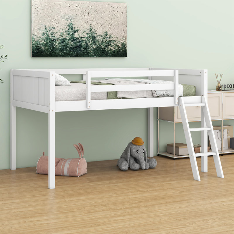 Wood Low Loft Bed With Ladder, Ladder Can Be Placed On The Left Or Right, White