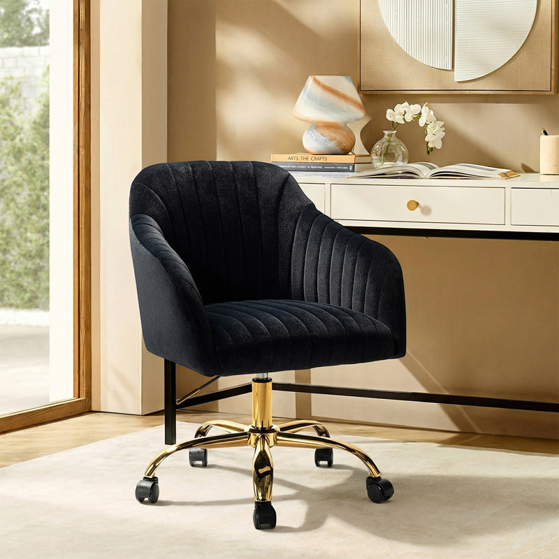 Chaise de travail en velours Adan, Velours noir