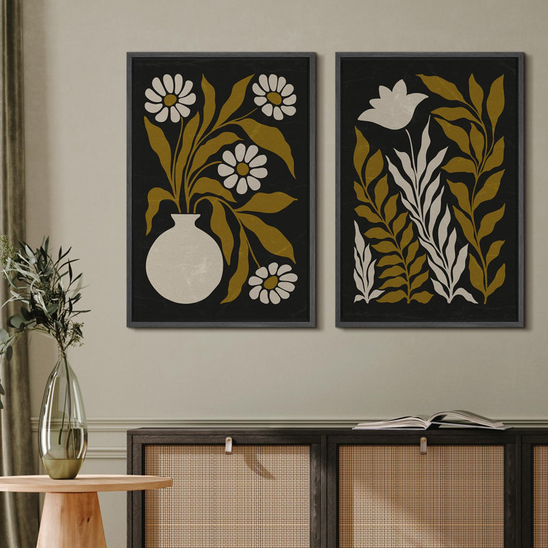 «Abstract Black Botanical Floral Botanical», impression sur toile encadrée 2 pièces, H 24 po x l 16 po, Noir