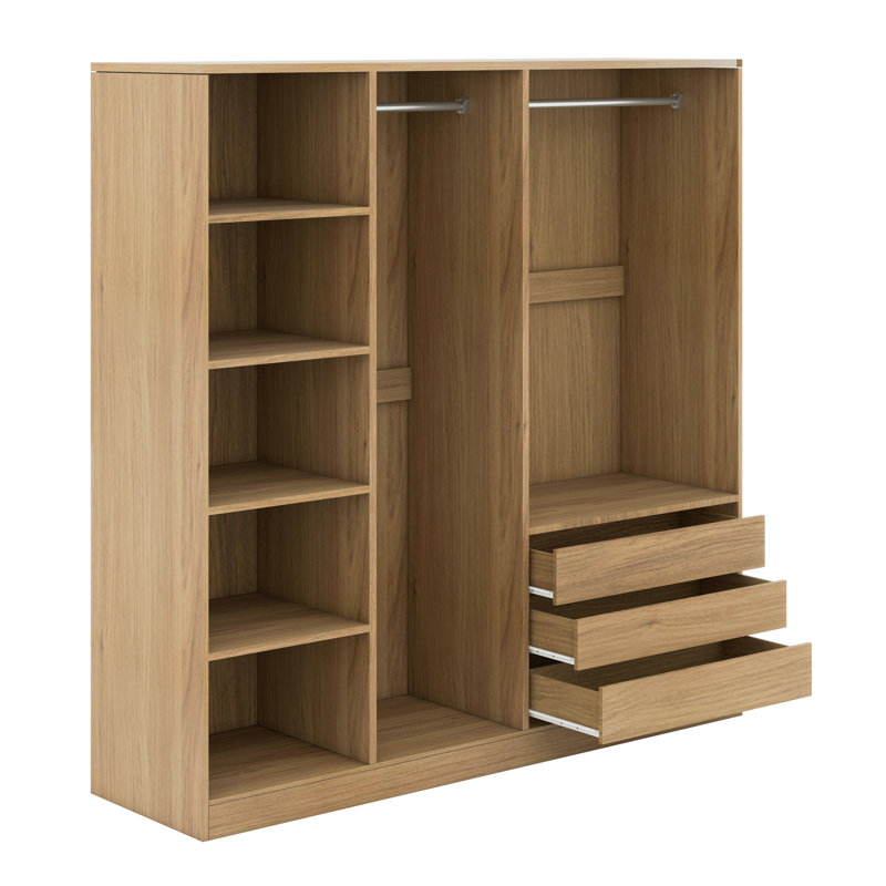 Armoire spacieuse sans porte avec tringle à vêtements, tablettes de rangement et 3 tiroirs pour l'organisation de la chambre à coucher