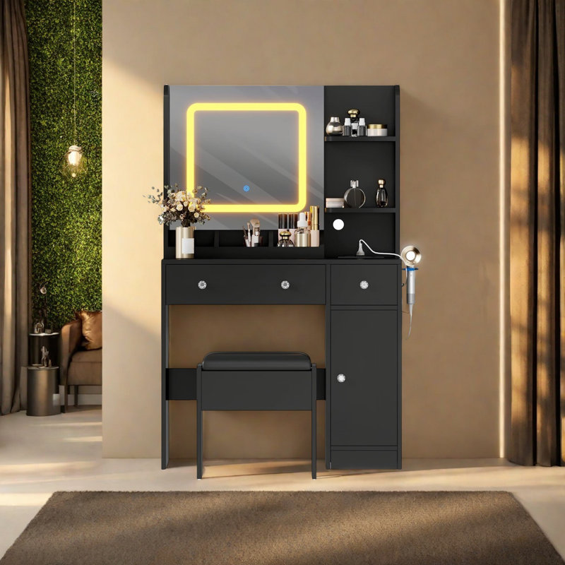Bureau de coiffeuse avec miroir, table de maquillage avec station de charge, Noir, noir, noir, noir