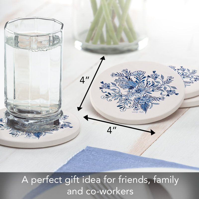 Blue & White Floral 4 Pack Round Absorbent Stone Coasters