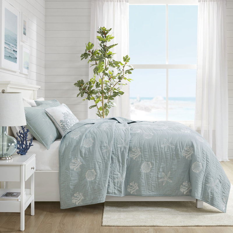 Dusty Blue Cotton Nautical Reversible Full Quilt Set