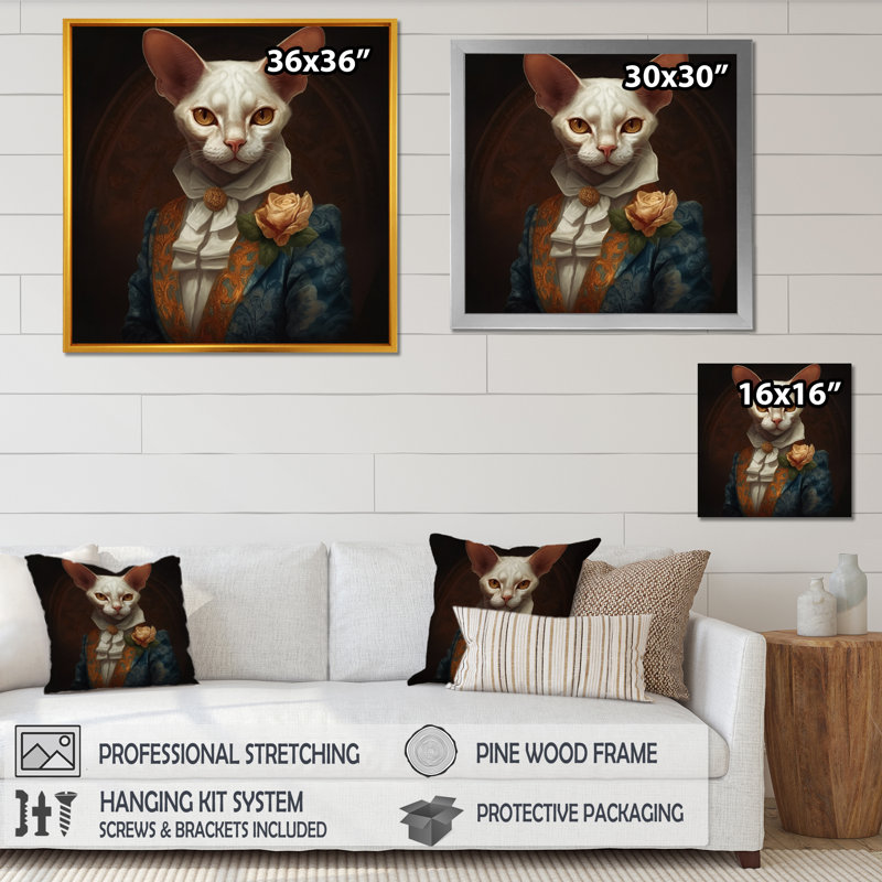 Chat blanc sur fond blanc, H 16 po x l 16 po x P 1 po, Encadrement doré