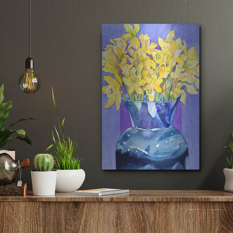 «Daffodils In Cobalt» par Sharon Pitts, art mural en métal, 12 po x 16 po, H 16 po x l 12 po
