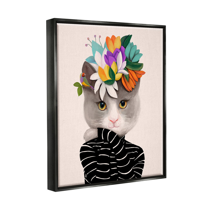 «Bold Floral Design Grey», rayé, art mural par Ioana Horvat, H 21 po x l 17 po x P 1,7 po, Cadre flottant noir de jais