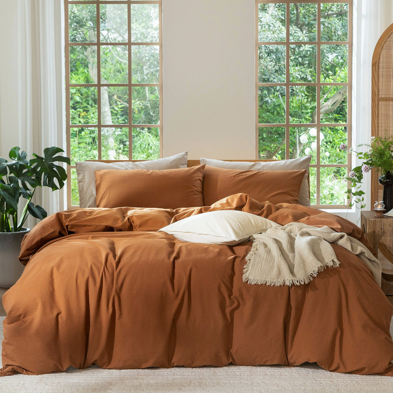 Ensemble de housse de couette légère avec fermeture à glissière 8 attaches 100% coton lavé MooMee, Orange foncé
