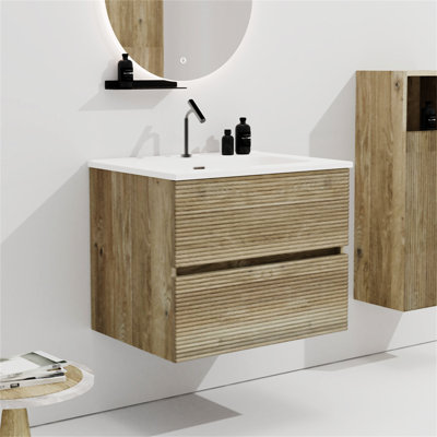 Gloria 24" Wall Mounted Snow  Matt  &  Natural Oak Bathroom Vanity With Integrated Ceramic Sink With Overflow
