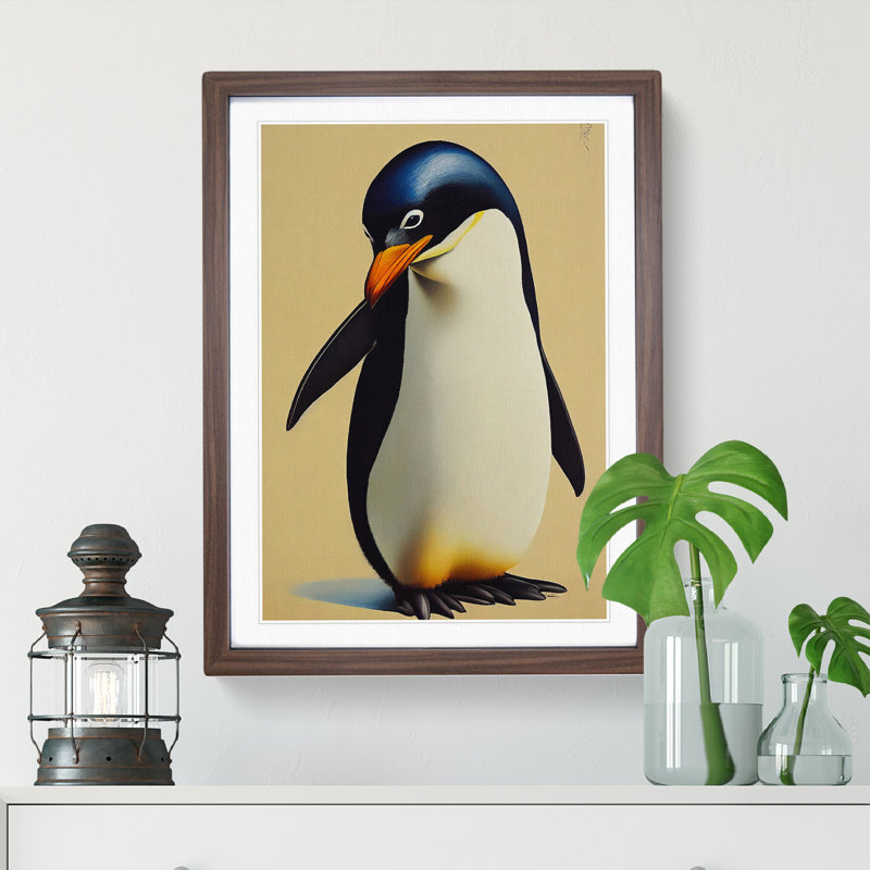 A Cute Penguin - Framed Print, 34cm H x 25cm W x 2cm D, Brown Framed