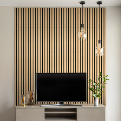 Panneau mural acoustique beige chaud 24 po x 48 po SereniSlats, panneau isolant à lattes de bois cannelées 3D