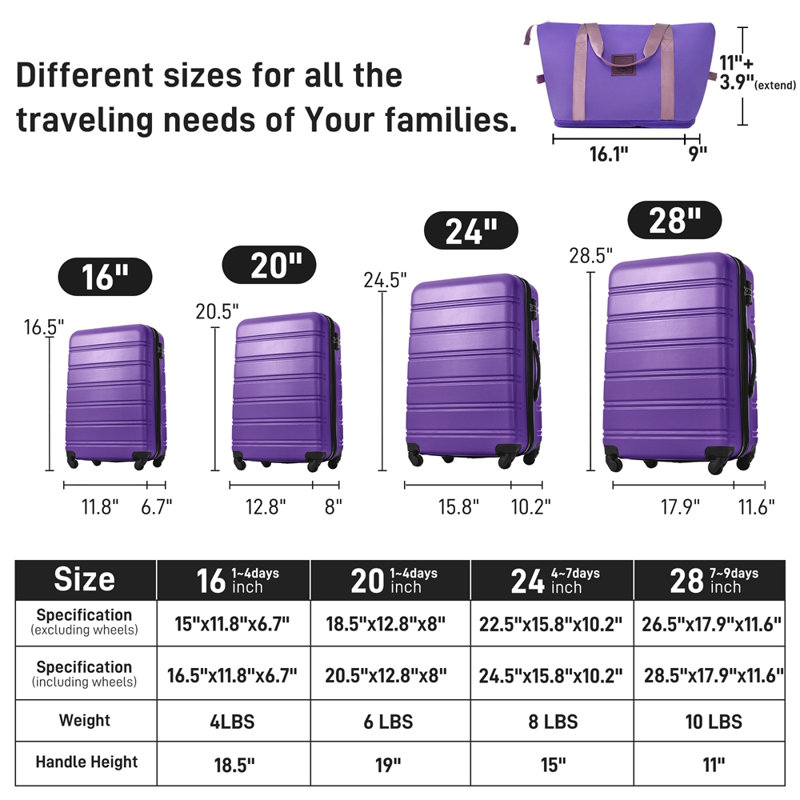 Valise Hardshell 4 pièces + valise à roulettes avec verrou TSA - 16 "+ 20" + 24 "+ 28" bagages