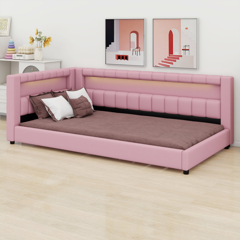 Lit plateforme tapissier élégant avec lumières DEL et charge USB pratique, Simple extra long, Rose