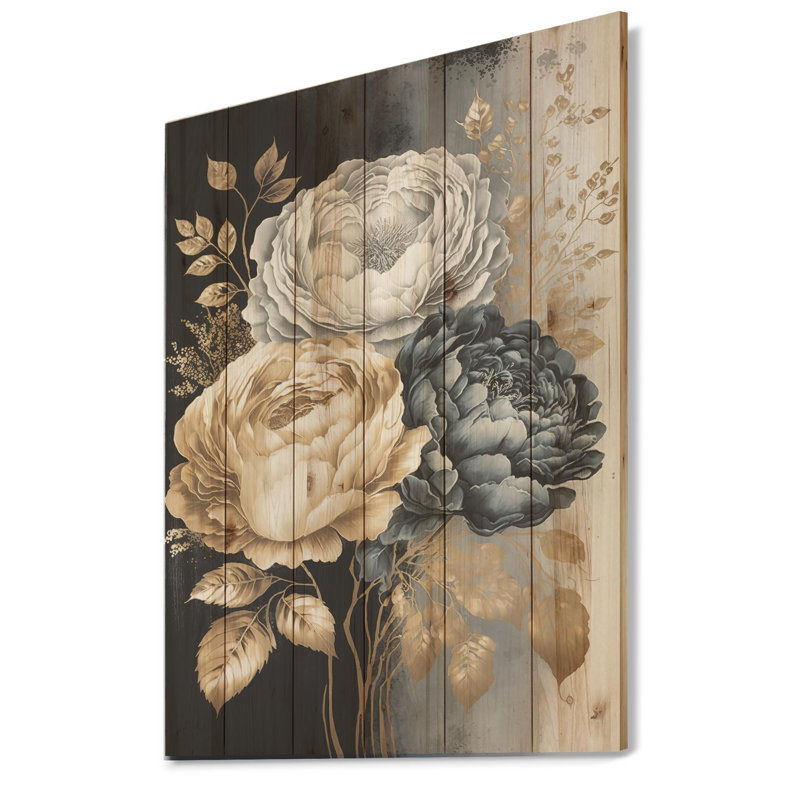 Alexya - bouquet de roses blanches, dorées et noires I - impression sans cadre sur bois, H 20 po x l 12 po x P 1 po