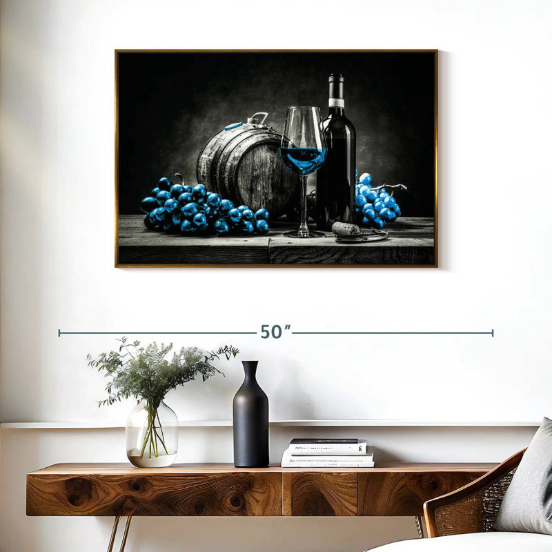Vin et raisins - bleu éclatant, 37 po x 25 po, Cadre flottant doré
