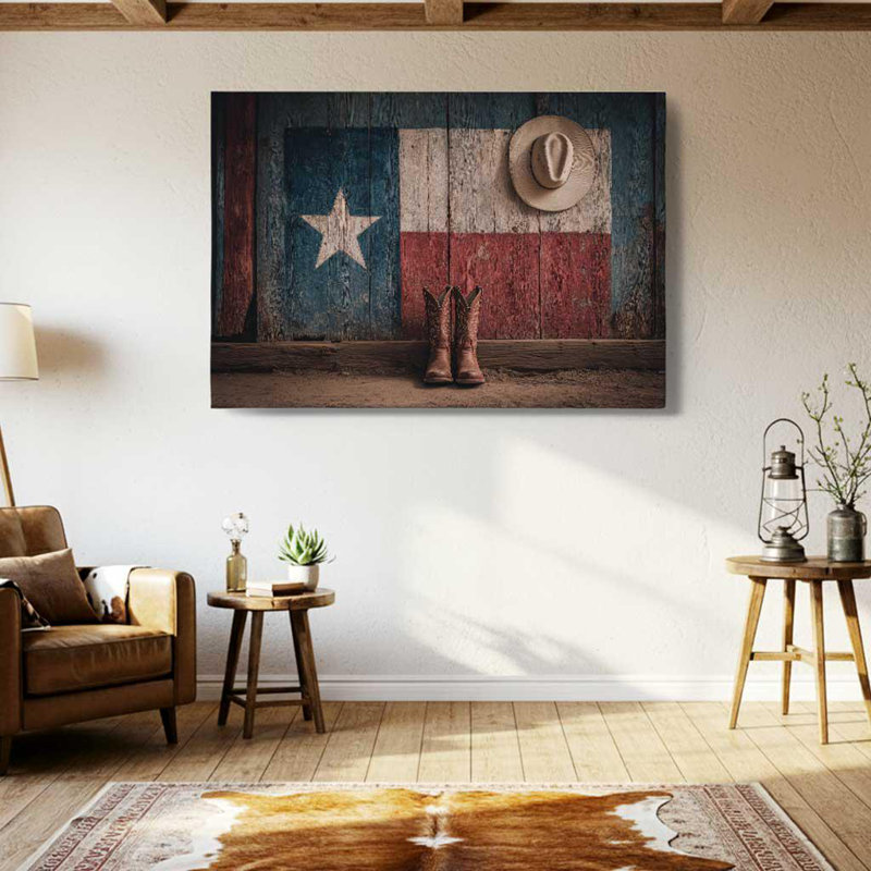 Drapeau du Texas, art sur toile - bottes de cowboy et chapeau, décor occidental rustique, 30" H x 45" W