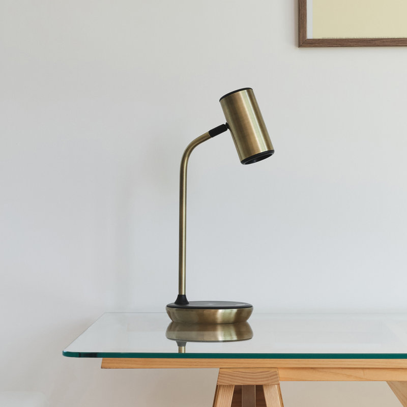Ezra 16.5" Modern LED Desk Lamp with Gold Finish, Wireless Charging Pad, Adjustable Head, and 3-Way Dimming, Brass