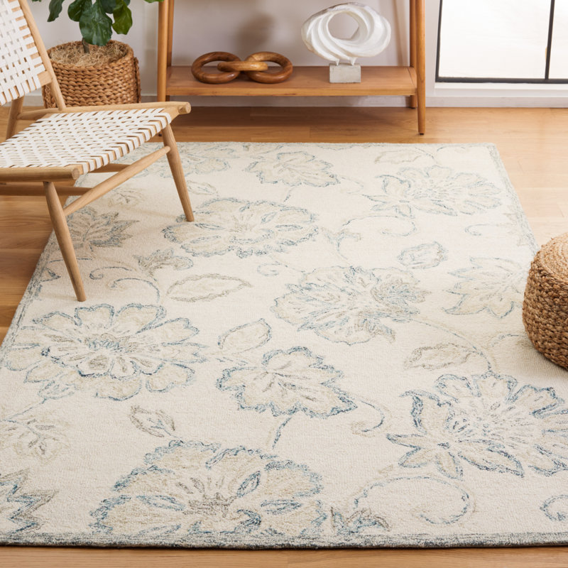 Rectangle Floral Handmade Tufted Wool/Cotton Area Rug in Ivory/Blue, Rectangle 4' x 6'