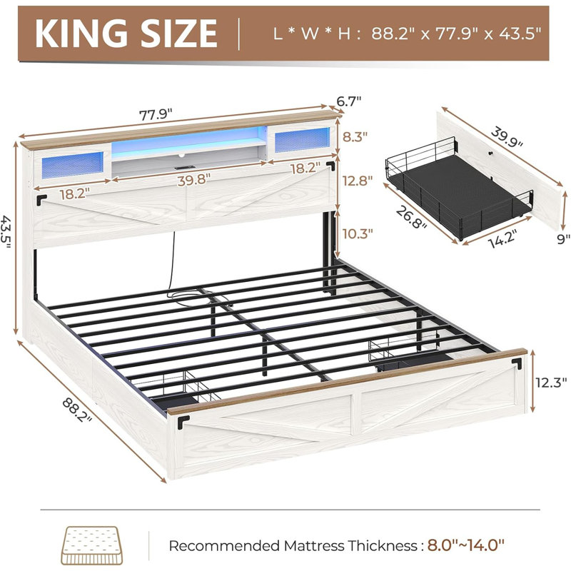 King White Oak Bed Frame with Storage and LED Headboard