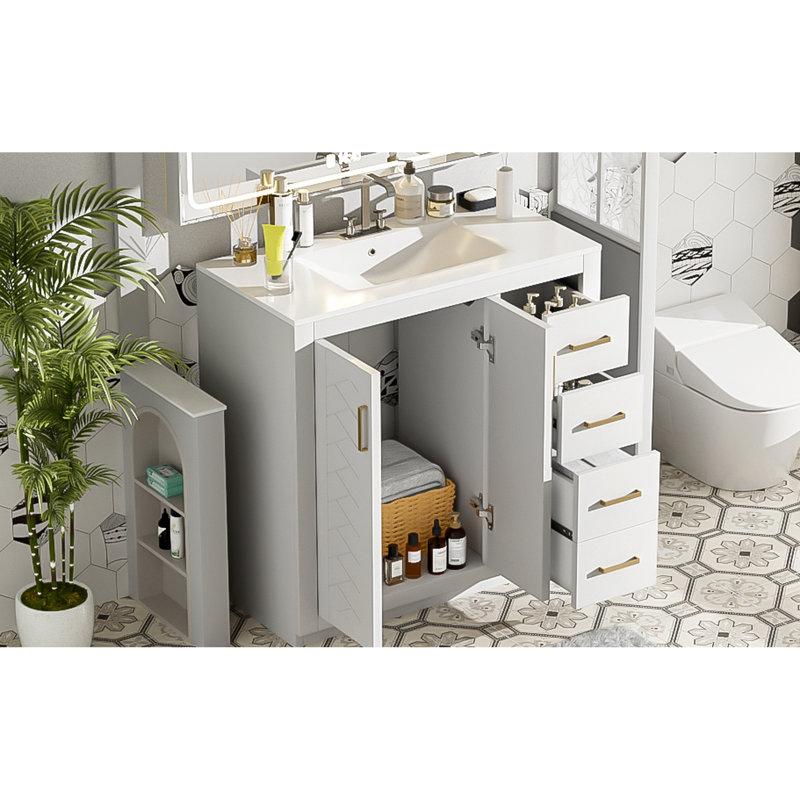 Meuble-lavabo de 36 pouces avec lavabo en céramique, glissière à tiroir lisse en bois massif, charnières, rangement spacieux, style moderne, lavabo à motif de rainure unique, cadre, trois tiroirs, portes, rétro