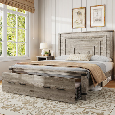 Farmhouse Wood Platform Queen Bed Frame with 54" Tall Geometric Headboard & Footboard, Gray
