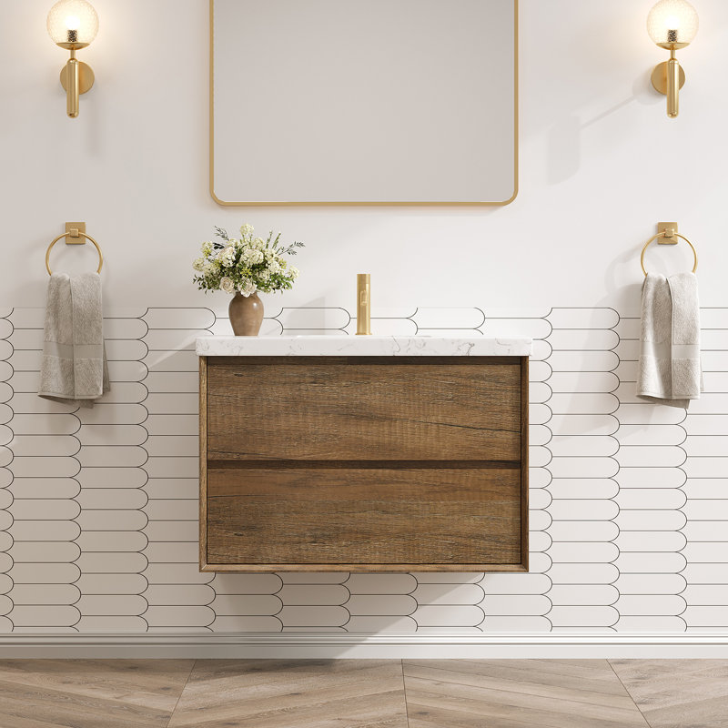 Wall-mounted Bath Vanity With Engineered Marble Top, Antique Oak, 36"