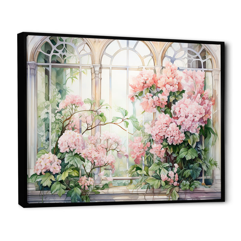 «Pink Blossoming Country Window Gaze III», art mural grande fenêtre, Cadre flottant noir, H 34 po x l 44 po x P 1,5 po