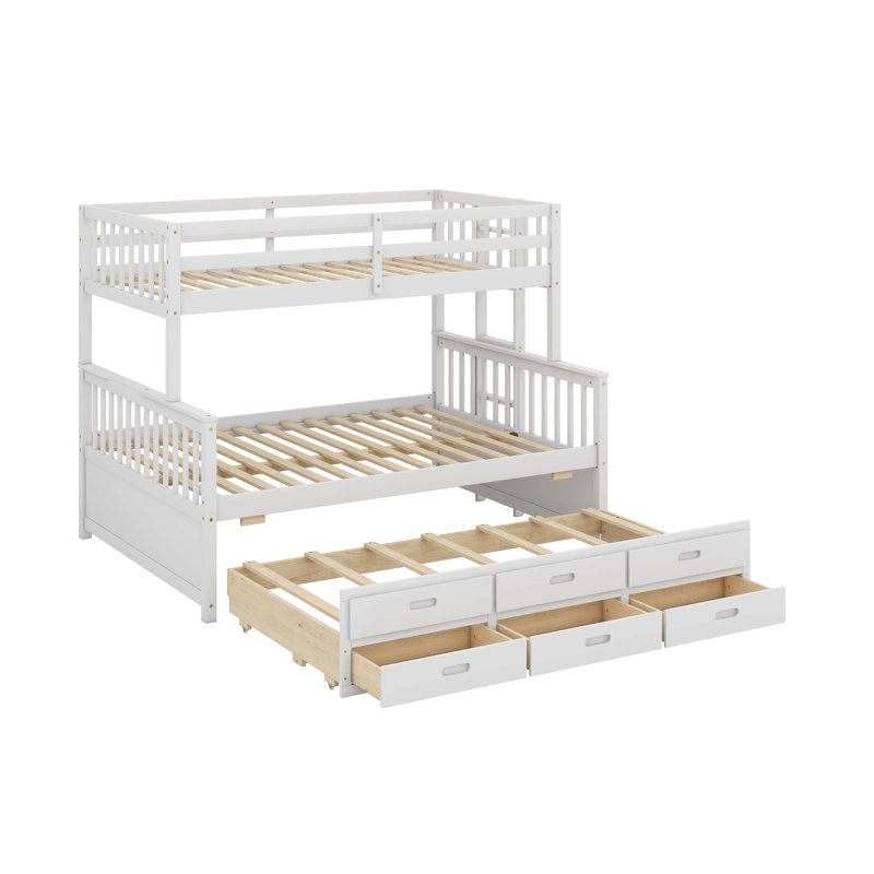 Lit simple superposé au dessus d'un lit double avec tiroirs et lit gigogne, Blanc