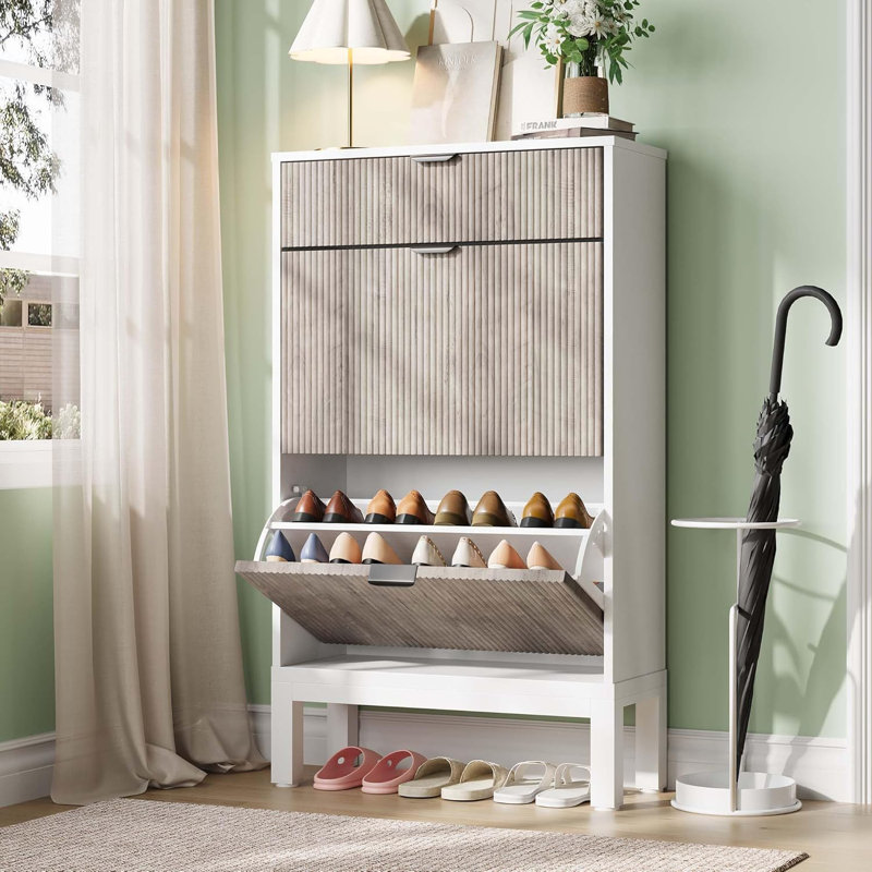 Shoe Storage Cabinet with 2 Flip Drawers, Farmhouse Fluted Shoe Organizer with Metal Legs, White/Gray