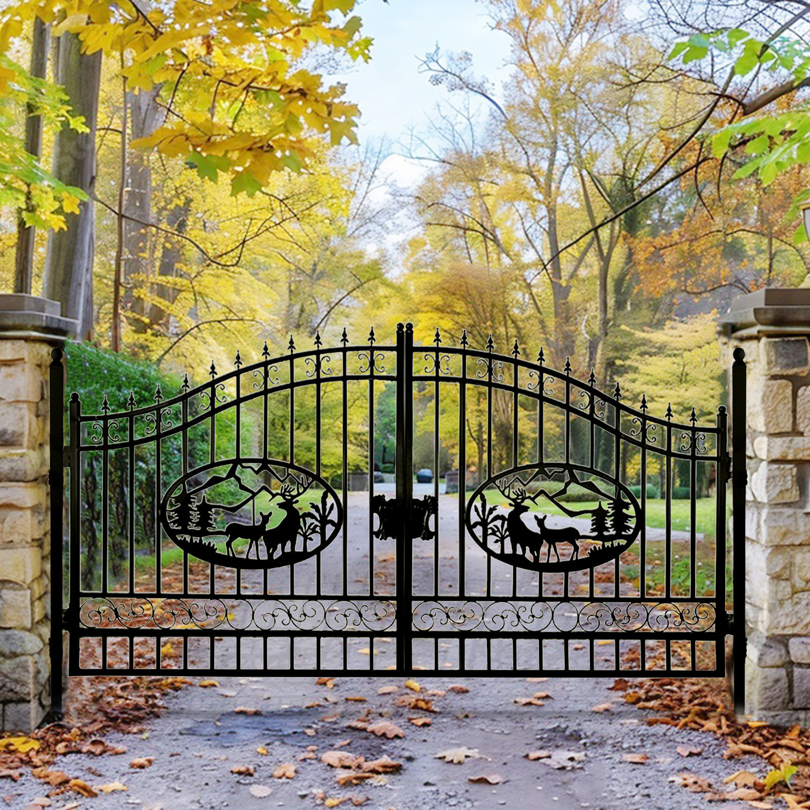 CHERY 14FT Dual Swing Wrought Iron Driveway Gate Deer