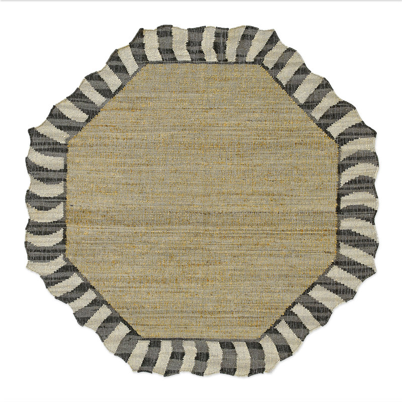 Jute Scalloped Black And White 5' X 8' Rug, Octagon 6'