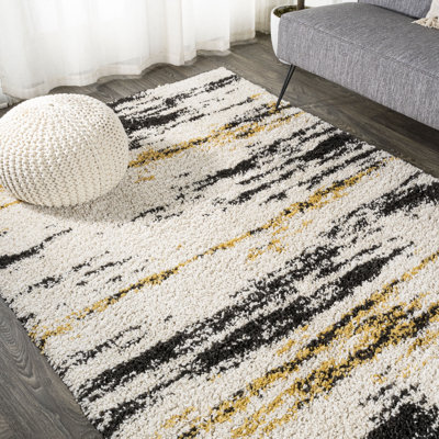 Tapis beige / noir / jaune à poils longs Jubei Modern Bold Strie