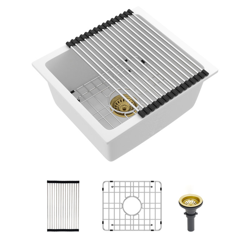 18'' L x 16'' W Quartz Undermount Kitchen Sink, White Granite Composite Single Bowl Bar Sink with Sink Grid, Strainer and Roll-up Rack