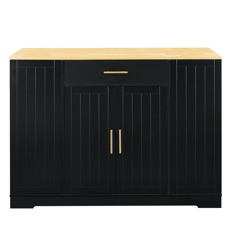 Îlot de cuisine 53 po noir et chêne, tiroir et tablettes réglables pour ustensiles, poubelle cachée, tiroir de rangement, tablettes, boîte, environnement propre