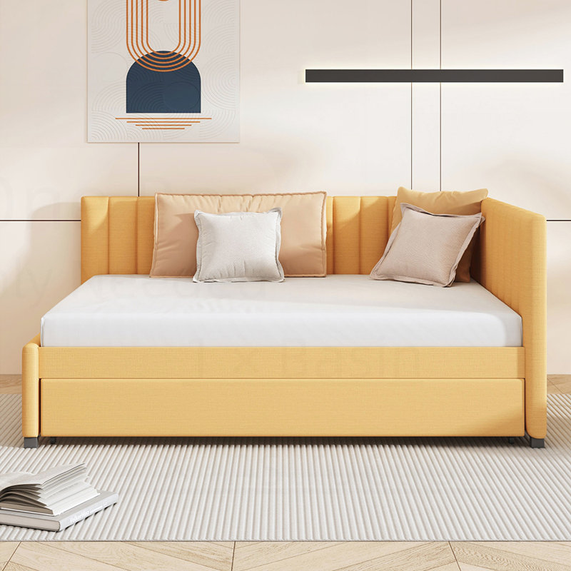Lit de jour rembourré avec couchette, sans sommier, tissu de lin, jaune, peu encombrant et durable, Jaune