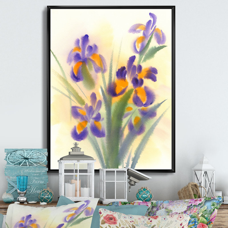 Bouquet d'iris jaunes et mauves - peinture sur toile, H 20 po x l 12 po, Cadre flottant noir