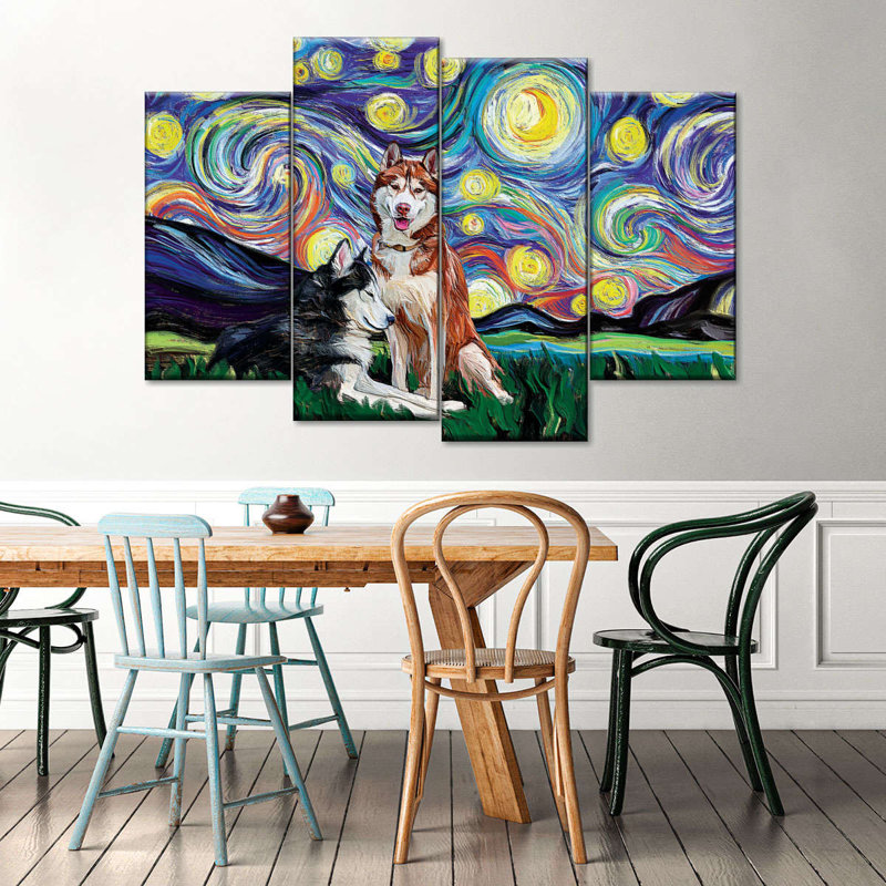Huskies Starry Night, ensemble de 4 reproductions sur toile 4 pièces, H 27 po x l 43 po x P 1,25 po