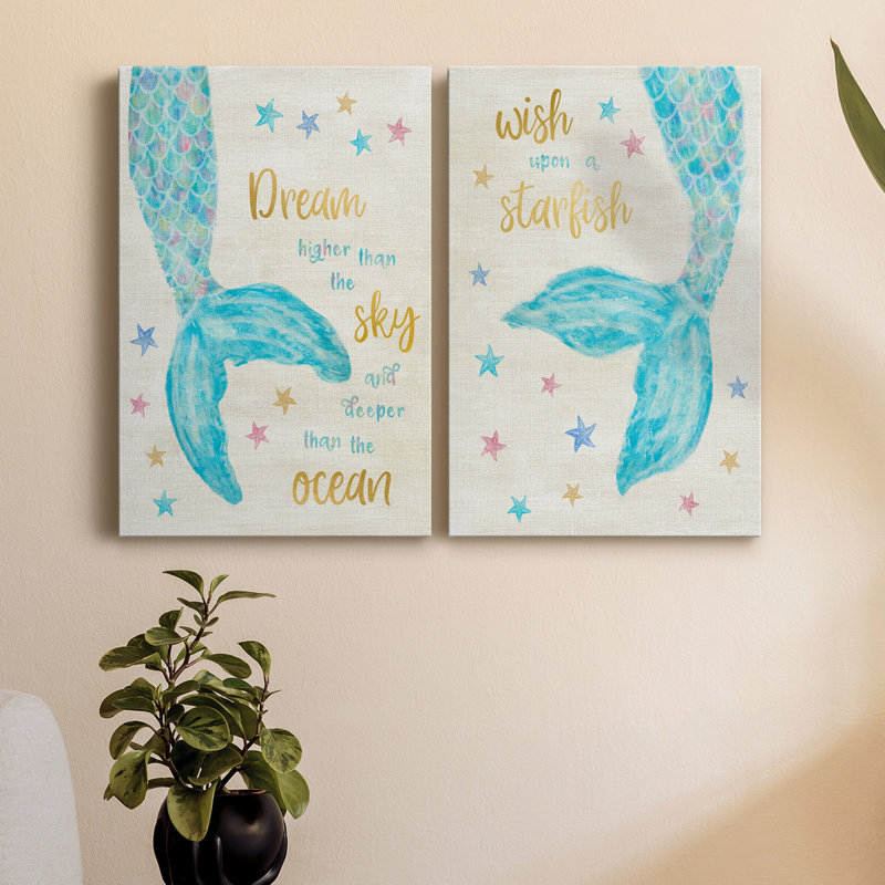 Mermaid Dream - ensemble d'art textuel sur toile tendue 2 pièces, H 12 po x l 8 po x P 1 po