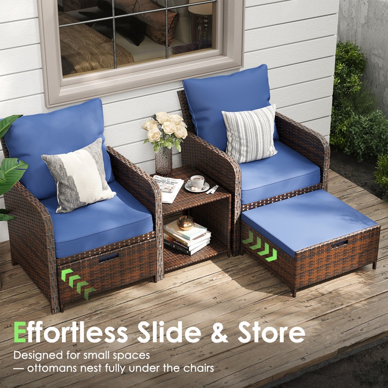 Idamarie Wicker Conversation Set with Ottoman, Blue, Brown