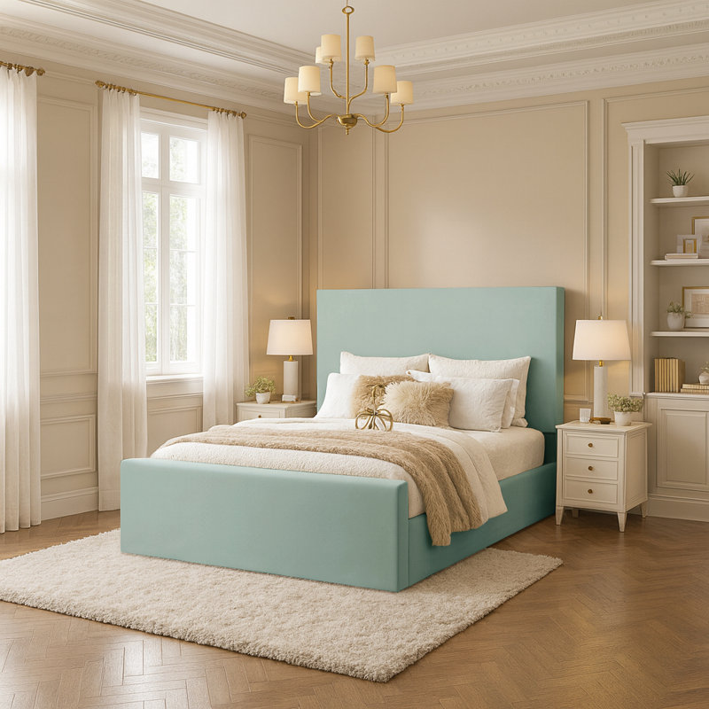 Amed Upholstered Ottoman Storage Bed, Double (4'6), Duck Egg