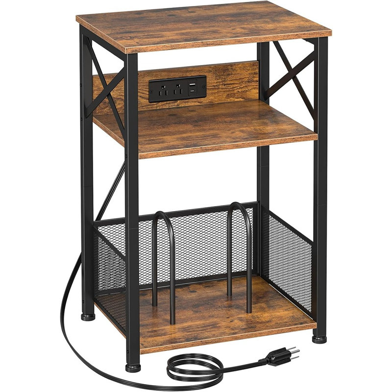 Support pour platine vinyle avec station de charge, meuble de rangement à 3 niveaux pour disques vinyles, table en platine avec prises USB-C et secteur, brun rustique
