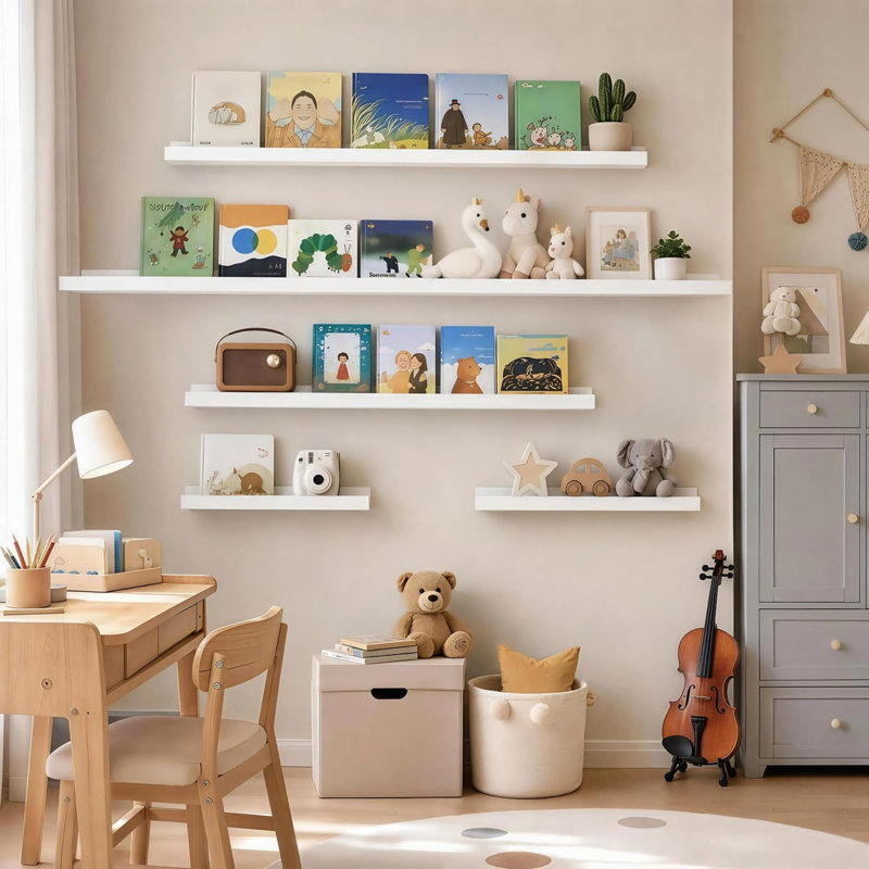Étagères murales flottantes de 61 cm (24 po) de long, ensemble de 5 tablettes avec rebord, blanches