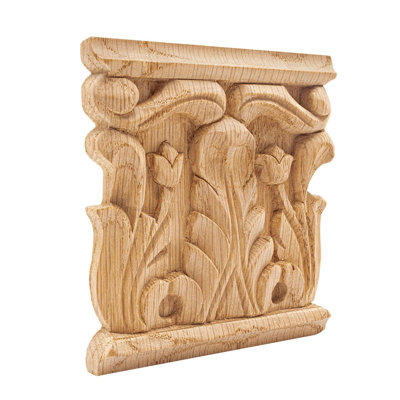 3-7/8 in x 3-3/4 in x 5/8 in Unfinished Acanthus Wood Onlay Capital Wood Applique