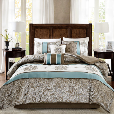 Queen Comforter 7 Pieces. Blue, Brown And With Charming Paisley. With Shams, Decorative Pillows - In Lovely Comes Ornamental
