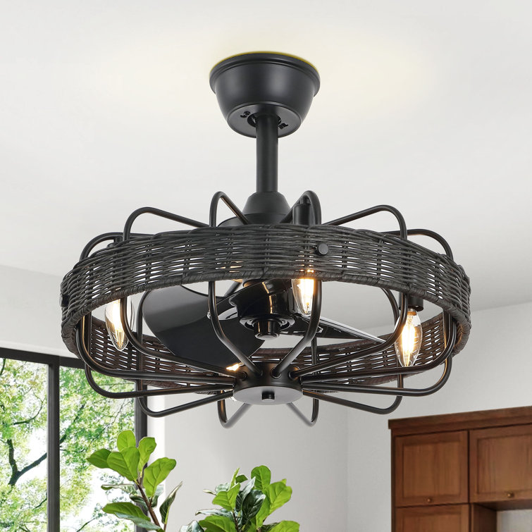 18" Rattan Caged Ceiling Fan with Light Kit and Remote
