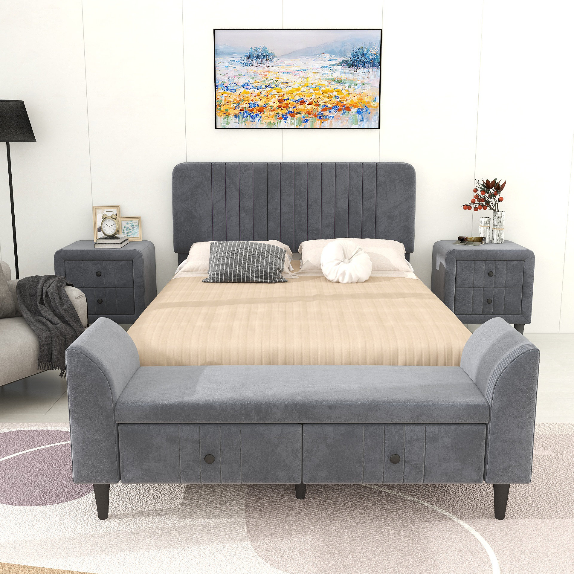 Everly Quinn 4-Pieces Bedroom Sets Queen Size Upholstered Platform Bed ...