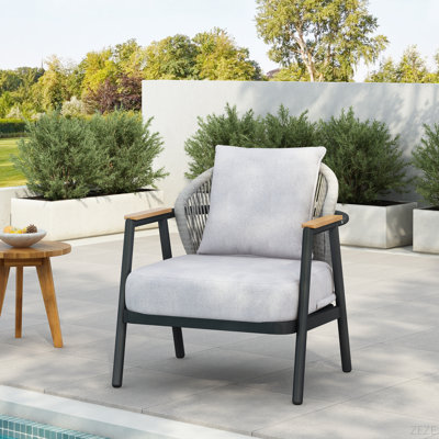 Fauteuil club d'extérieur en corde avec cadre gris et coussin, ensemble de 1