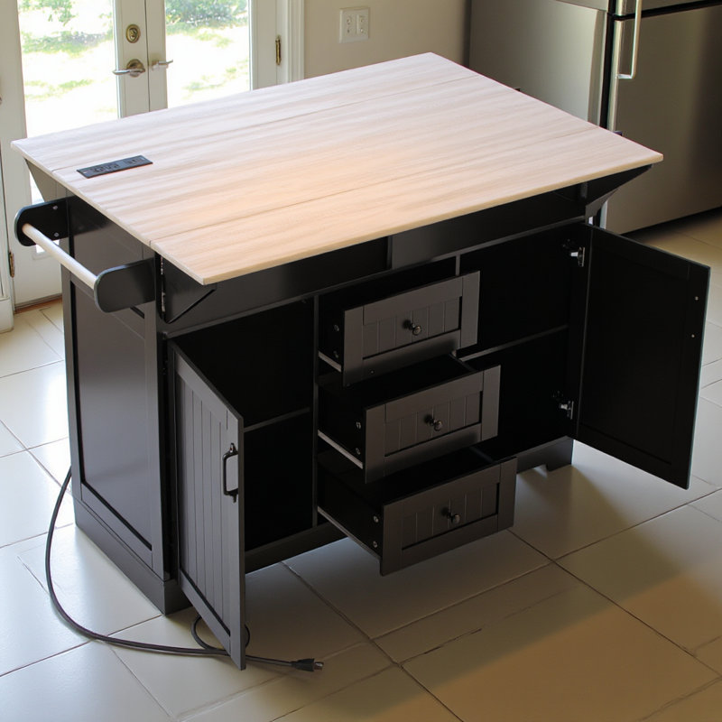 55.7'' Large Kitchen Island With 2 Drop Leaf,, Rolling Kitchen Cart On 5 Wheels With Power Outlet, Folding Storage Dining Table With Spice & Towel Rack , 3 Drawers, For Kitchen, Dining Room,black