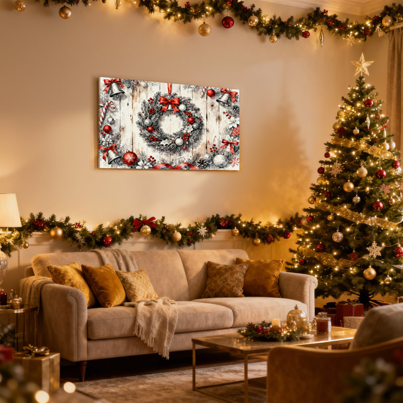 Ensemble de 3 impressions sur toile, couronne de Noël et ornements rouges, H 12 po x l 18 po