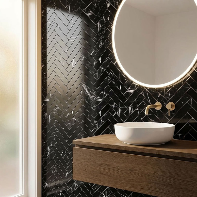 Nero Marquina Honed 1x4 Herringbone Marble Mosaic